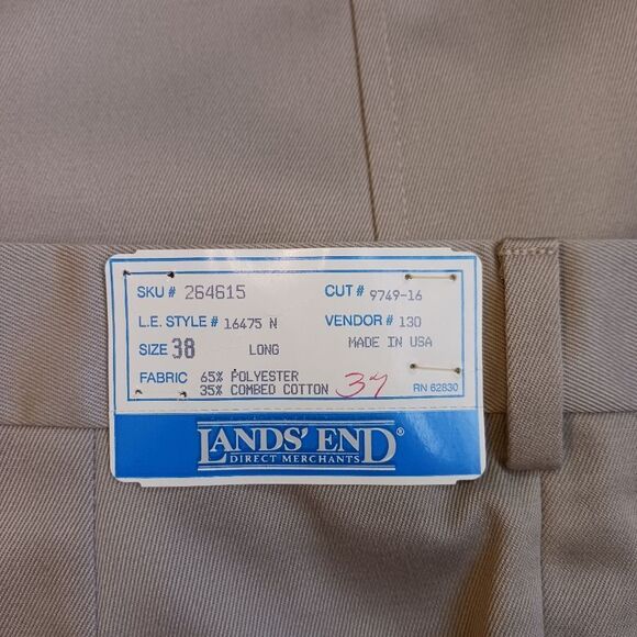 LANDS' END Chino Pants Tailored Dress Trouser Pleated Wide Leg Kahki 38x37 38 L - Picture 4 of 13